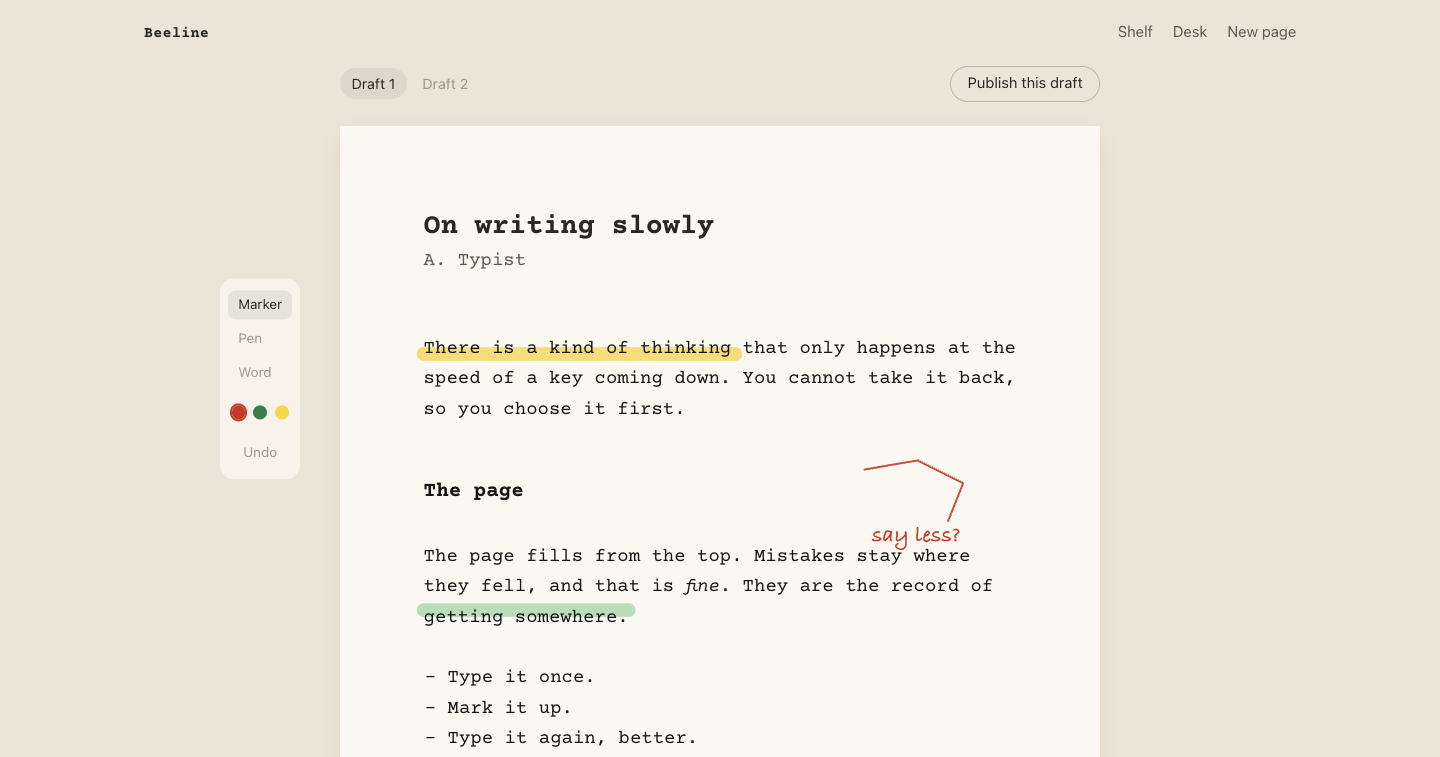 A typed draft, marked up with a yellow marker, a red pen and a note in the margin